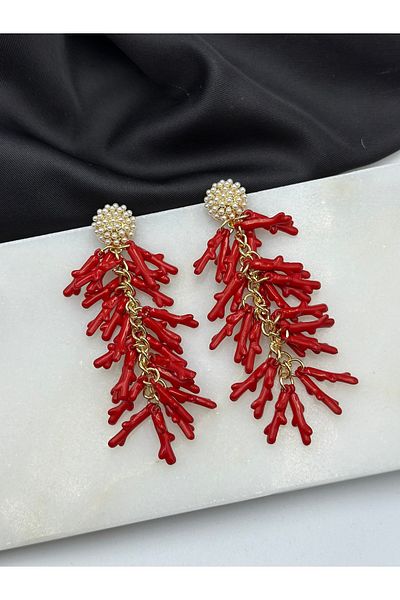 Duéra Red Coral Design Pearl Sea Summer Concept Gold Detailed Brand Model Earrings
