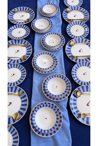 Erbaşlar Love Bırd Mavi Yuvarlak 24 Parça 6 Kişilik Lüx Yemek Takımı Seti Yemek Seti