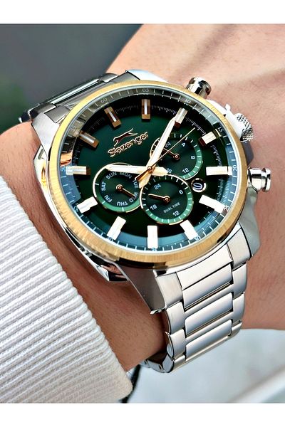 Slazenger Silver-Green Color 10 Atm Waterproofness Steel Cord Steel Case Men Wristwatch 2479.05Mr