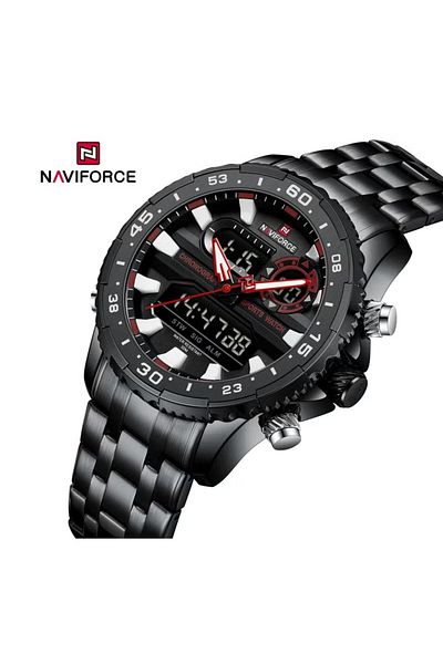 Naviforce Men's Analog-Digital Sport Watch – Stainless Steel Strap, Alarm & Date Display, Water Resistant
