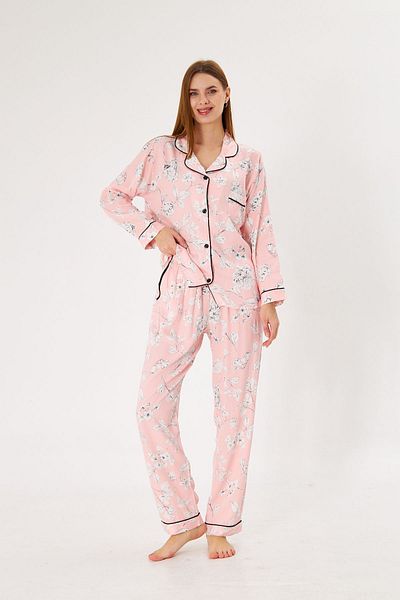 seamlife Women's 100% Cotton Woven Pink Floral Pattern Shirt Collar Black Piping Full Button Pajama Suit with Pockets