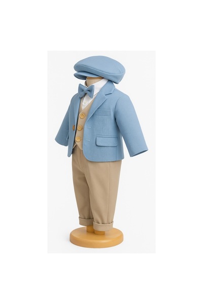 OEM Costum Botez Baiat 5 Piese cu Camasa Tip Body – Sacou Bleu, Pantaloni Bej, Vesta, Papion si Bereta