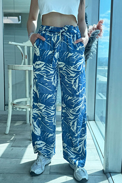 DPARİS Patterned Elastic Waist Comfortable Fit Wide Leg Trousers