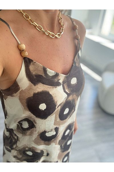 BETULAKSUBUTİK Patterned Dress with Wooden Bead Accessories