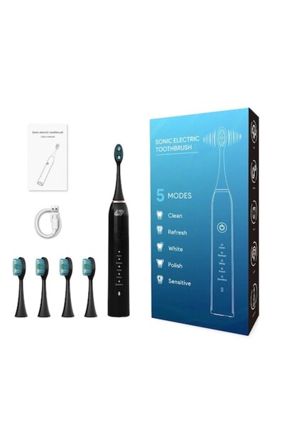 JFlow Periuță de dinți electrică JetFlow, 5 moduri, funcție de memorie, temporizator inteligent, USB-C, IPX7, 4 capete, culoare neagră