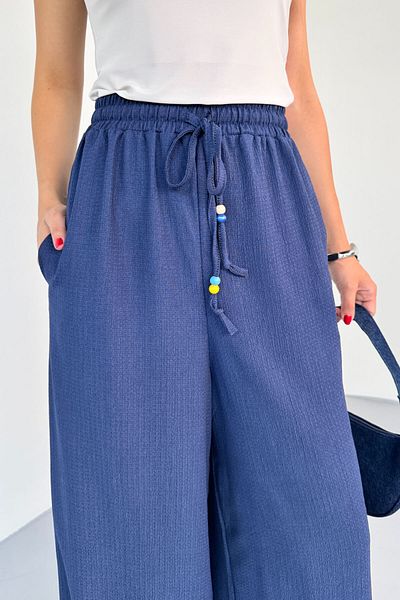 Cappmoda Pnt-07408 Navy Blue Twisted Fabric Loose Trousers with Elastic Waist and String Beads - Copy