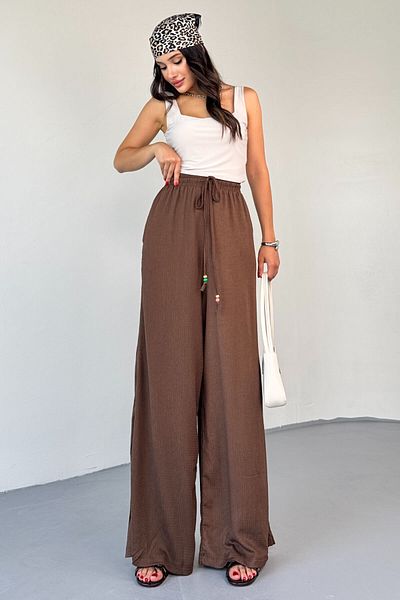 Cappmoda Pnt-07408 Brown Wrinkled Fabric Thread Beaded Loose Trousers