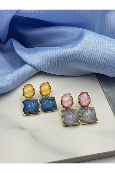 Duéra Pink and Gray Stone Dangle Design Steel Earrings