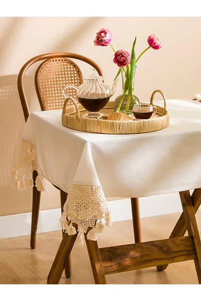 LC Waikiki Lcw Home Ecru Ethnic Embroidered Tassel Tablecloth 90X90 cm