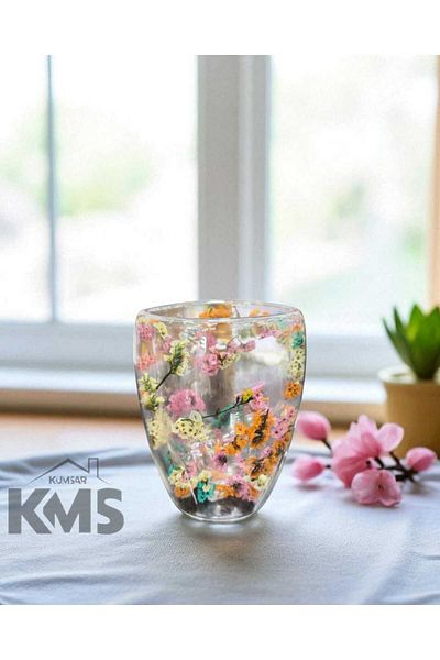 KMS Kumsar Heat Resistant 2-Piece Borosilicate Double Walled Flower Cup and Coffee Presentation Cup /Flower Cup