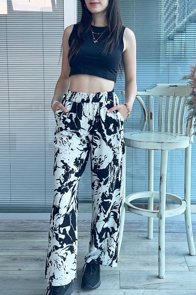 DPARİS Patterned Elastic Waist Comfortable Fit Wide Leg Trousers