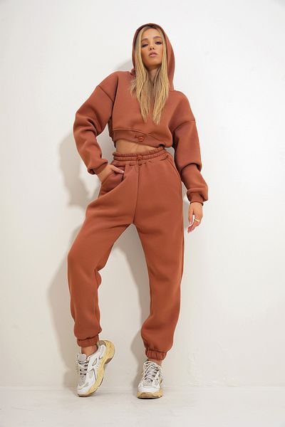 VAGGON Women's Tile Hooded Sweatshirt and Elastic Waist Pants Bottom Top Set Prmx12623