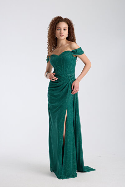 meksila kadın kayık yakalı uzun yırtmaçlı balenli simli kumaş düğün nikah davet abiye elbise