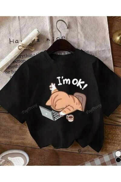 BETİLİNA Siyah I'm OK Baskılı Oversize T-Shirt