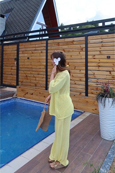 BAŞARAN Yellow Openwork Knitwear Skirt Set