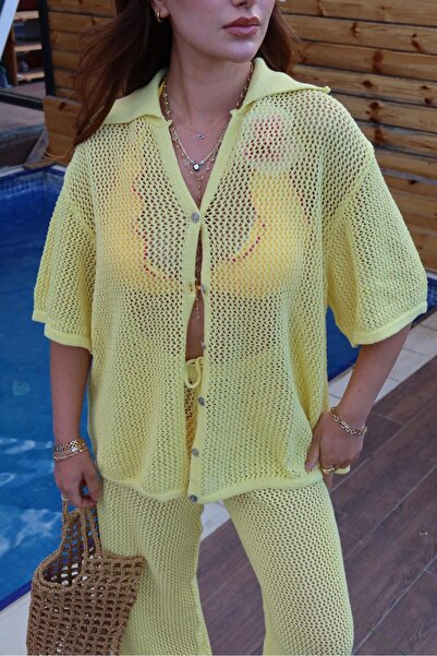 BAŞARAN Yellow Openwork Knitwear Skirt Set