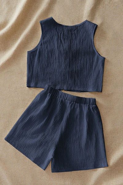 Trendseninle Women's Navy Ribbed Shorts Tie-Up Suit