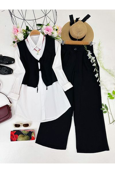 YEDİLALE Linna Vest Shirt Wide-Let Blouse Trousers Triple Set