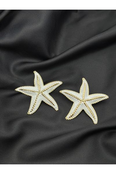 Lumiera Gold Detailed White Enamel Starfish Concept Summer Design Women's Earrings