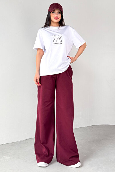 Cappmoda Tkm-0066 Burgundy Believe in Yourself Written Injection Printed T-Shirt Loose Trousers Two-Piece Suit