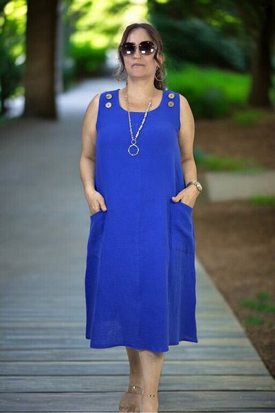 yagmurberen Button Detail Jopone Sleeve (Sleeveless) Pocketed Muslin Fabric Large Size Summer Dress