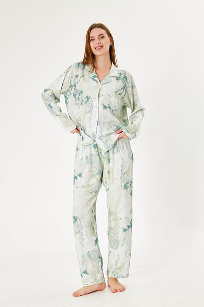 seamlife Women's 100% Cotton Woven Water Green Patterned Patterned Shirt Collar Buttoned Top with Pockets Pajama Set