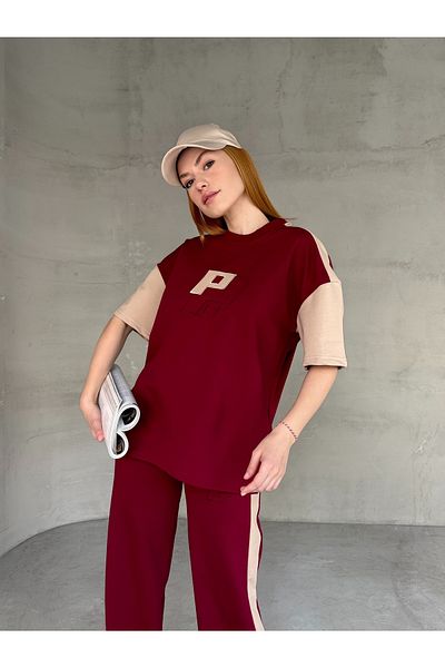 Cappmoda Tkm-03654 Burgundy Beige P Embroidered Crew Neck Tshirt Waist Elastic Palazzo Bottom Double Suit
