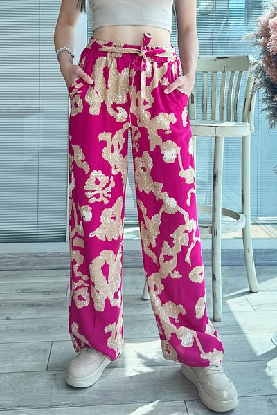 DPARİS Patterned Elastic Waist Comfortable Fit Wide Leg Trousers