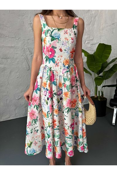 Elif Özbey Butik Ανοιξιάτικο λουλουδάτο λινό φόρεμα