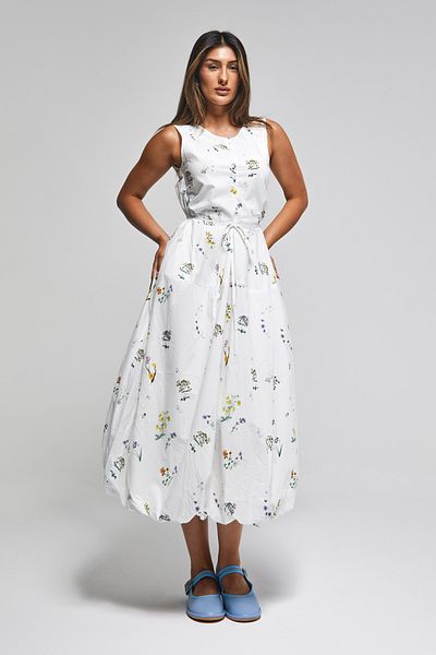 its basic Rochie de damă, florală, culoare albă, s5-2, lungime maxi, cu mâneci zero, cu bretele în interior