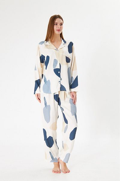 seamlife Women's 100% Cotton Woven Ecru Navy Blue Cream Patterned Shirt Collar Buttoned Top with Pockets Pajama Set