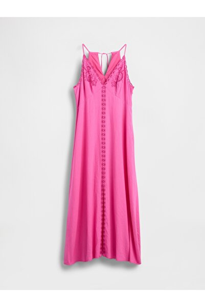 GAP Kadın Pembe Linen-Blend Nakışlı Halter Maxi Elbise