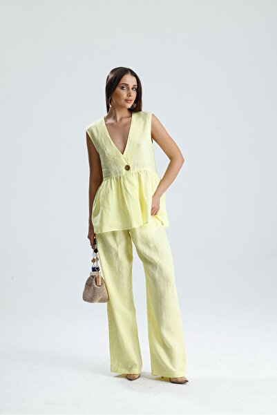 COLLECTİON Valeria One-Button Vest Wide Pants Double Linen Suit