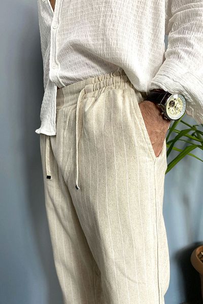Alışveriş Sokağı White Striped Ecru 100% Cotton Summer Linen Trousers