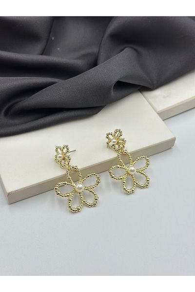 Duéra Gold Detailed Daisy Floral Design Steel Women's Earrings