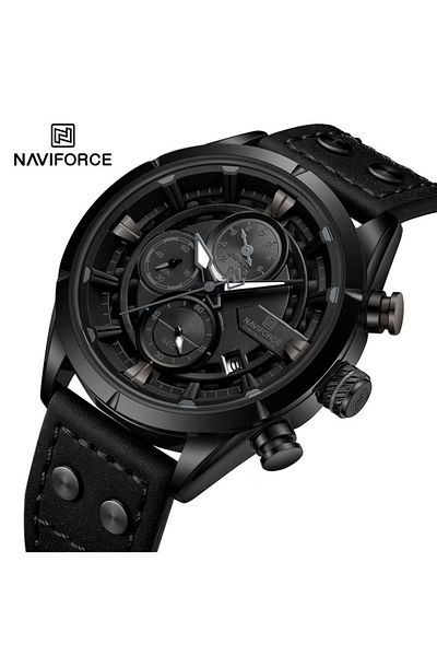 Naviforce Sport Chronograph Wrist Watch for Men with Leather Strap Water Resistant Multi-Function Analog