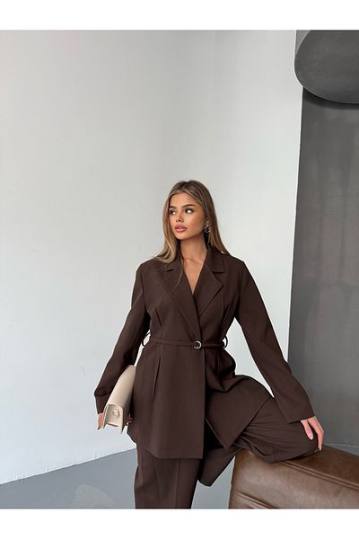 Cappmoda Tkm-03671 Brown Waist Tied Button Jacket Loose Trousers Linen Fabric Double Suit
