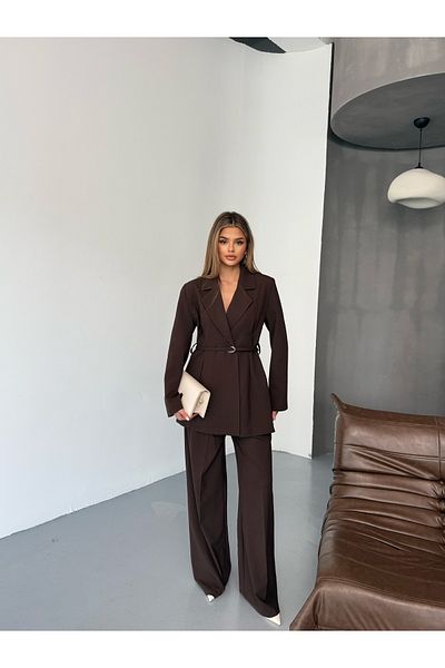 Cappmoda Tkm-03671 Brown Waist Tied Button Jacket Loose Trousers Linen Fabric Double Suit