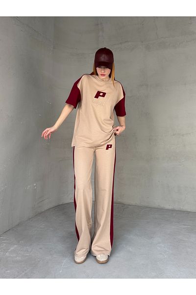 Cappmoda Tkm-03654 Beige Claret Red P Embroidered Crew Neck Tshirt Waist Elastic Palazzo Bottom Double Suit