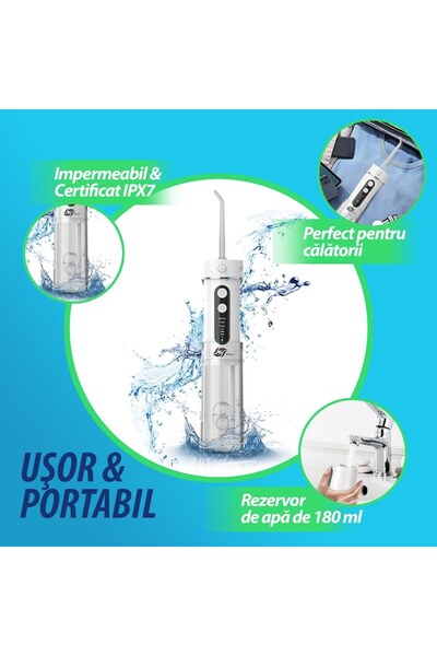 JFlow Irigator oral profesional, mini, JFlow M8 Travel, portabil, fără fir, rezervor de 140 ml, impermeabil