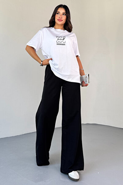Cappmoda Tkm-0066 Black Believe in Yourself Written Injection Printed T-Shirt Loose Trousers Two-Piece Set