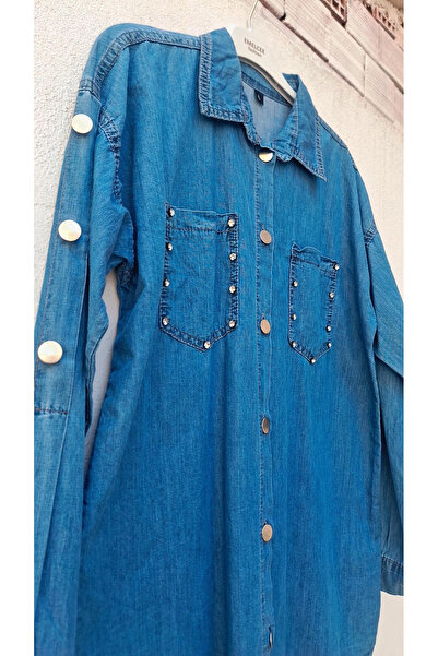 MODA Taşlı kollar ve kapa ful metal düğmeli yeni sezon tesettür jean kadın gömlek