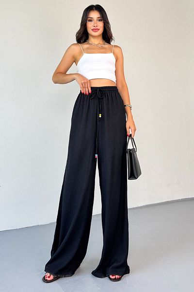 Cappmoda Pnt-07408 Black Wrinkled Fabric Thread Beaded Loose Trousers