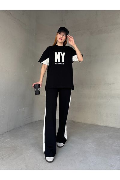 Cappmoda Tkm-03655 Black White Ny Embroidered Crew Neck Tshirt Waist Elastic Palazzo Bottom Double Suit