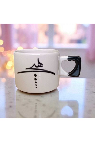 Simge Seramik Ever Symbol Printed Black Heart Handmade Natural Ceramic Mug with Handle Mug Tea Cappuccino Cup