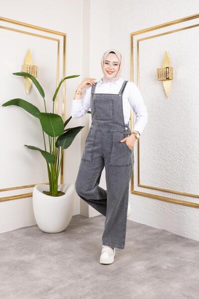 HARMAN BUTİK Women's Pocket Detailed Strap Gray Denim Jumpsuit
