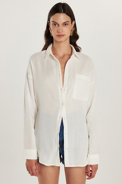 Tudors Cămașă oversize pentru femei, cu tăietură largă, 100% bumbac, muselină, cu mânecă lungă, texturată, ecru, cu buzunare