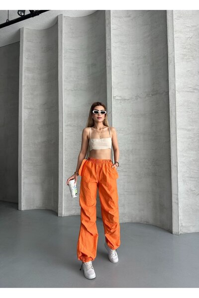 Lovely butik Women's Knee Draped Waist Trousers with Lace Detail Pocket Top with Ear Parachute Model Pants
