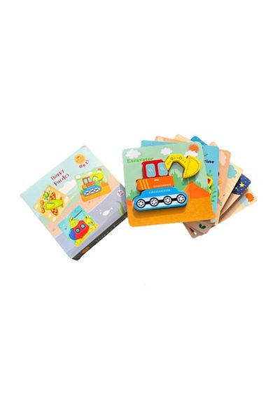 DEZİ Wooden puzzle, 3 Happy vehicles, educational game, 15 pieces