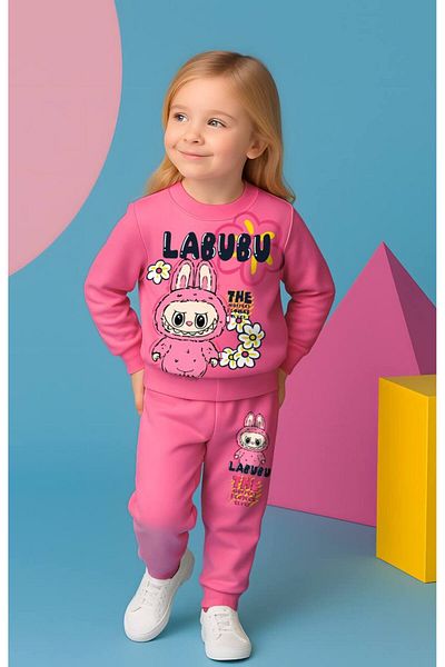zahider 100% Cotton Girl's Labubu Patterned Bottom Top Set